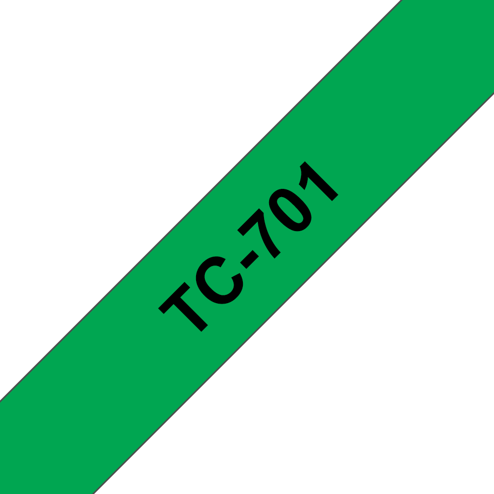 Oryginalna taśma do etykietowania Brother TC-701. Czarny nadruk na zielonym tle, szerokość 12mm